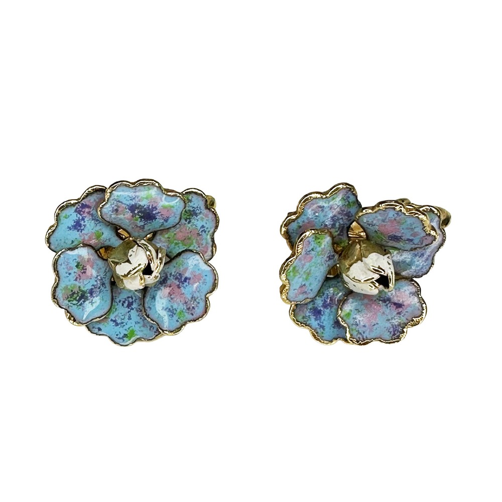VINTAGE Enamel Flower Brooch & Clip-on Earrings Set • blue, pink, green - Picture 3 of 5